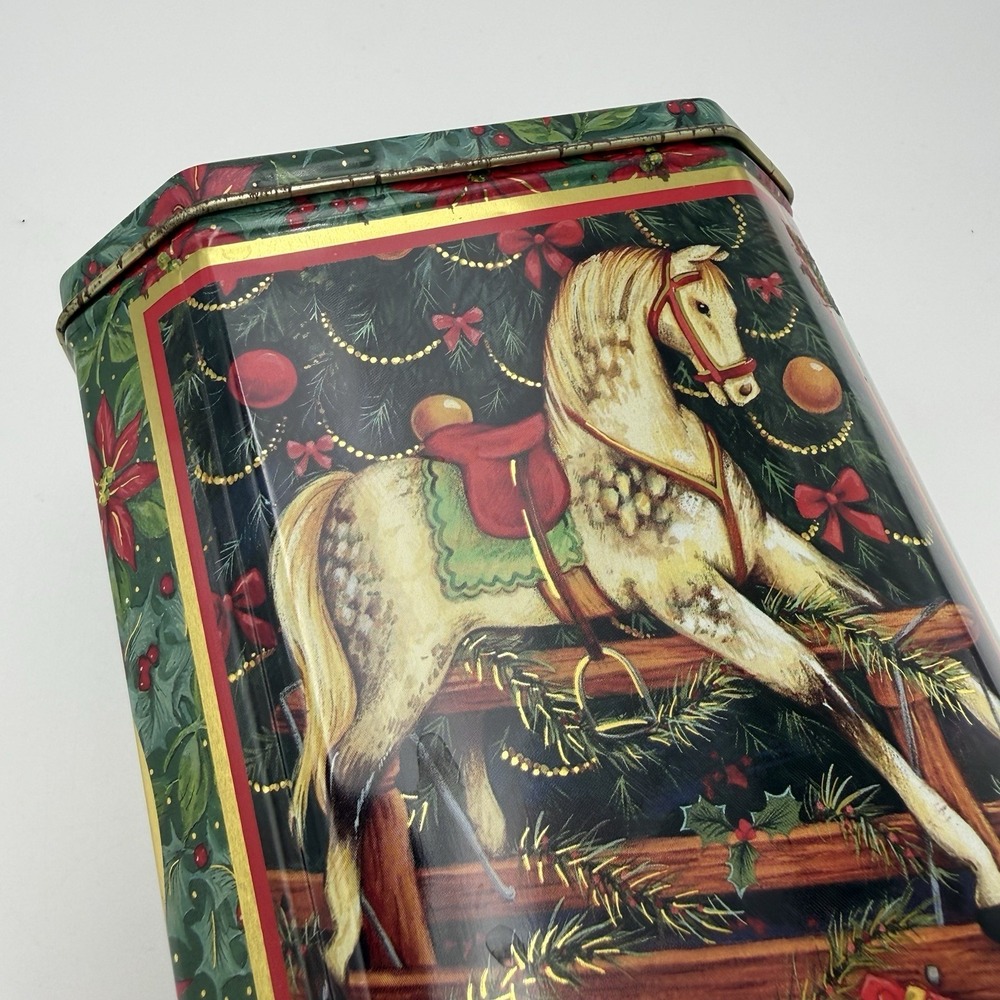 Vtg Metal Christmas Tin White Rocking Horse English Country Decor Container